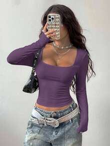 Coolane Women's Winter Streetwear Minimalist Y2K Basic Daily Wear Casual Gyaru Stretchy Comfortable Bustier Square Neck Purple Long Sleeve Tees - Purple - View 5