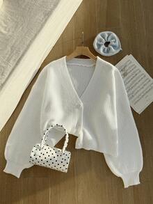 Comfortcana Cardigan Rajut Bergaris Polos Kasual Ukuran Besar dengan Bahu Jatuh, Sweater Cardigan Putih, Pakaian Musim Gugur untuk Wanita - Putih - View 6