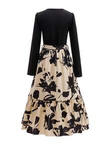 Teen Girl Pearl Decor Round Neck Long Sleeve Floral Print Patchwork Hem Fashion Dress - Multicolor - View 2