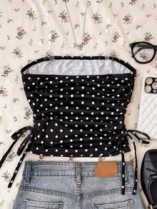 Teen Girls Y2K Casual Minimalist Black & White Polka Dot Print Ruched Tie Front Camisole Tops Teen Girl Clothes Tube Top,Summer,Y2k,Vacation,Streetwear,Holiday,New Years Tube Top Pack Black And White Tops For Teen Girls Not Cropped