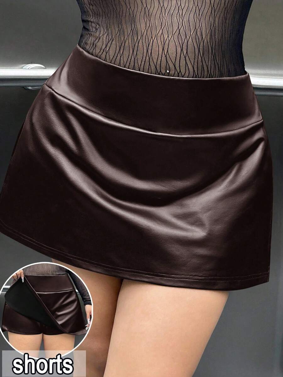 SHEIN EZwear Minifalda-pantalón de unicolor con abertura lateral para tallas grandes - Marrón - Ver 1