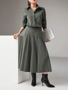 Heiryn 女士纯色衬衫和百褶裙两件套，时尚通勤 - 綠色 - 查看 1