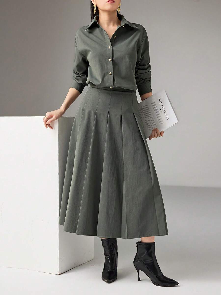Heiryn 女士纯色衬衫和百褶裙两件套，时尚通勤 - 綠色 - 查看 1