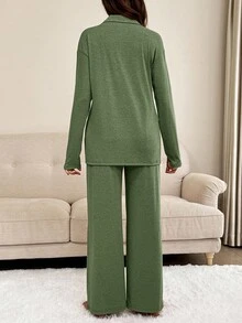 SHEIN 两件套孕妇纯色上衣和裤子家居服套装 - 軍綠色 - 查看 2