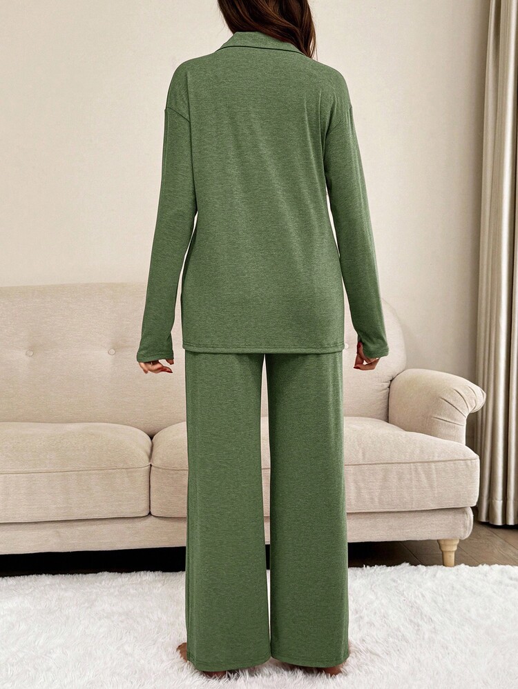 SHEIN 2 piezas Conjunto de ropa de estar en casa de maternidad de unicolor con top y pantalones - Verde militar - Añade 2