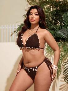 Swim Vcay 2026 Women's Plus Size Swimwear Set,Boho Shell Decor Crochet Beach Bikini,Summer Holiday Vacation Outfit Swimwear - Brown - View 3