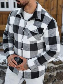 Manfinity CasualCool 男士格子印花口袋前开襟纽扣休闲长袖衬衫 - 黑與白 - 查看 3