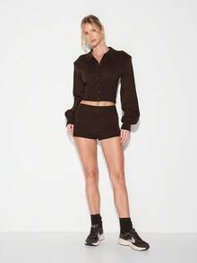 KIZN Quần short mini lưng cao dệt kim gân có cạp chun cho trang phục thường ngày mặc nhà thu đông - màu nâu - Xem 3