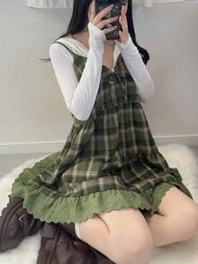 FRIFUL Colete feminino xadrez com alças, patchwork bordado, algodão, modelagem solta e versátil com laço decorativo, ideal para outono/inverno.