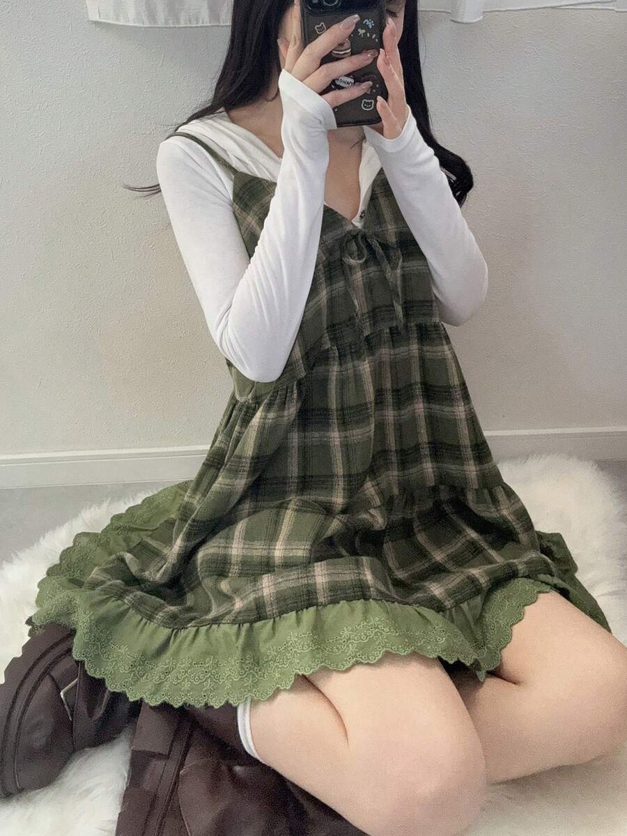 FRIFUL Colete feminino xadrez com alças, patchwork bordado, algodão, modelagem solta e versátil com laço decorativo, ideal para outono/inverno.