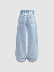 SHEIN Jeans rectos sueltos y cómodos con bordado de cereza, lavado claro y versátil, adecuados para uso diario en otoño e invierno, Año Nuevo, Navidad, Nochevieja, streetwear, escuela, hogar y viajes, para niñas preadolescentes - Lavado ligero - Ver 2