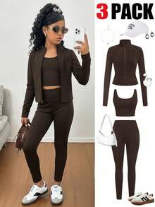 SHEIN SLAYR Tween Girl Tween Girl 3pcs Brown Knitted Sports Set, Casual Everyday Wear, Suitable For Outdoor & Sports - Brown - View 1