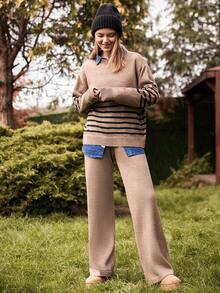 Cloudara Women Stripe Pattern Exposed Seam Detailed Round Neck Drop Shoulder Pullover & Sweater Pants Knit Two Piece Set,Co Ord,Winter Clothes - Beige - View 6