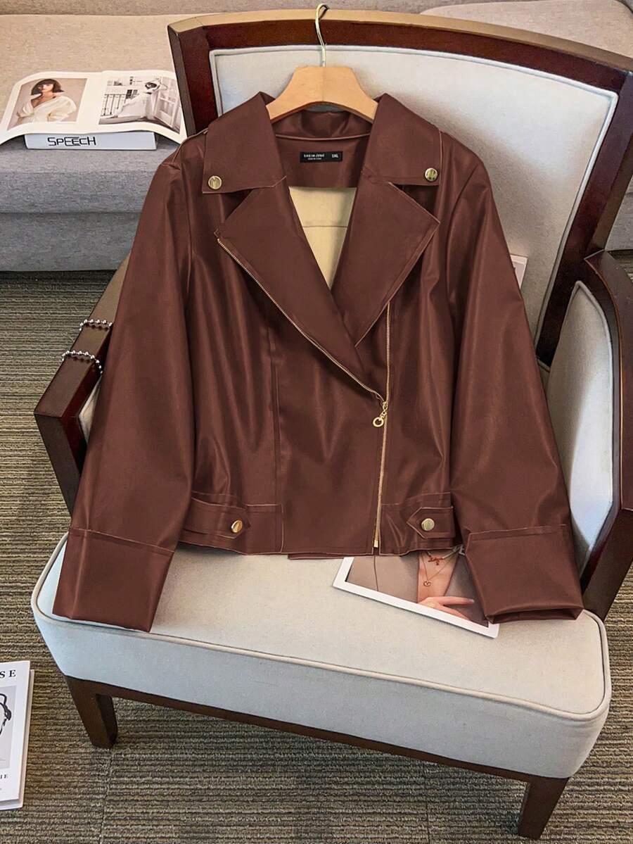 GlowEve CURVE Áo khoác ngắn tay dài cỡ lớn dành cho nữ, Áo khoác mô tô ngắn thời trang đa năng, thường ngày, thích hợp mặc hàng ngày, giúp thon gọn - Đồng - Xem 1