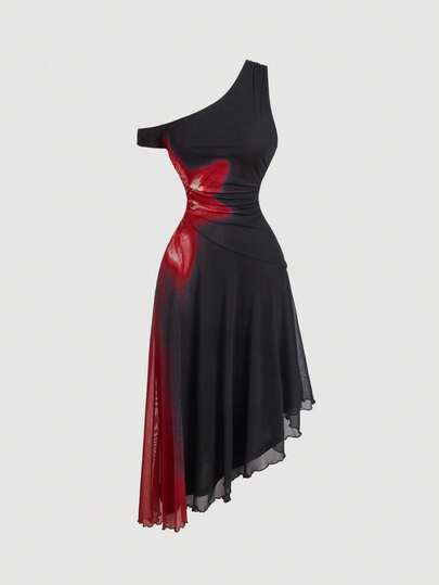 SHEIN MOD 女士复古红色碎花针织连衣裙，女士黑色长裙，舞会礼服，连衣裙，派对礼服