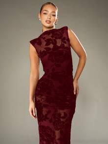 MISSGUIDED Elegant Sleeveless Mock Neck Maxi Dress With Velvet Rose Floral Pattern For Evening Party Events - Burgundy - View 3