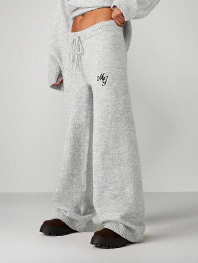 MISSGUIDED 高腰直筒针织长裤，带刺绣logo，阔腿毛衣裤，居家休闲舒适之选