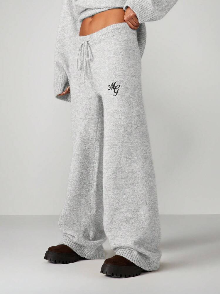 MISSGUIDED Pantalones de punto de cintura alta y pierna recta con logotipo bordado, pantalones anchos de punto para estar cómodo en casa y casual