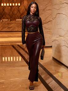 SHEIN LUNE Bộ đồ 2 món áo ren ôm sát cổ tròn tay dài chất liệu da PU và ren tương phản cho nữ, quần bó sát gợi cảm chất liệu da và ren tương phản, thu/đông - Nhiều màu - Xem 1