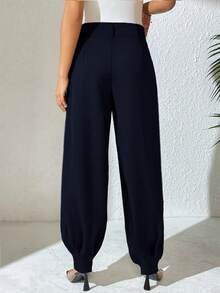 Xyvia 女士优雅高腰双纽扣装饰褶皱直筒裤，春秋季休闲西装裤 - 藏蓝色 - 查看 2