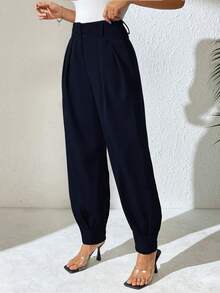 Xyvia 女士优雅高腰双纽扣装饰褶皱直筒裤，春秋季休闲西装裤 - 藏蓝色 - 查看 5