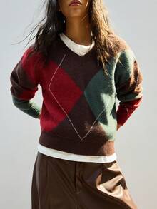 Maija 女士几何格纹艺术线条V领宽松休闲柔软毛绒毛衣，优雅百搭，适合感恩节、圣诞节、新年派对、婚礼宾客等场合，休闲时尚百搭。这款毛衣适合圣帕特里克节、复活节、夏季、海滩度假、各种场合，也适合外出、毕业典礼等休闲场合。 - 彩色 - 查看 8