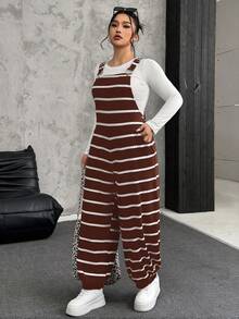 SHEIN EZwear Plus Size Women's Brown & White Ribbed Elastic Fuzzy Ribbed Jumpsuit - Brown - View 5