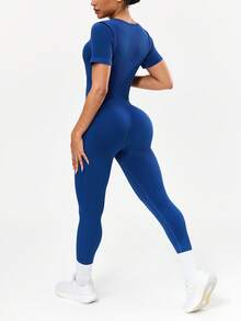 SHEIN Sports 蓝色罗纹短袖长裤套装，弹力十足，防蹲走光 - 藏蓝色 - 查看 2