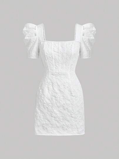SHEIN MOD Jacquard Square Neck Puff Sleeve Corset Structure Dress