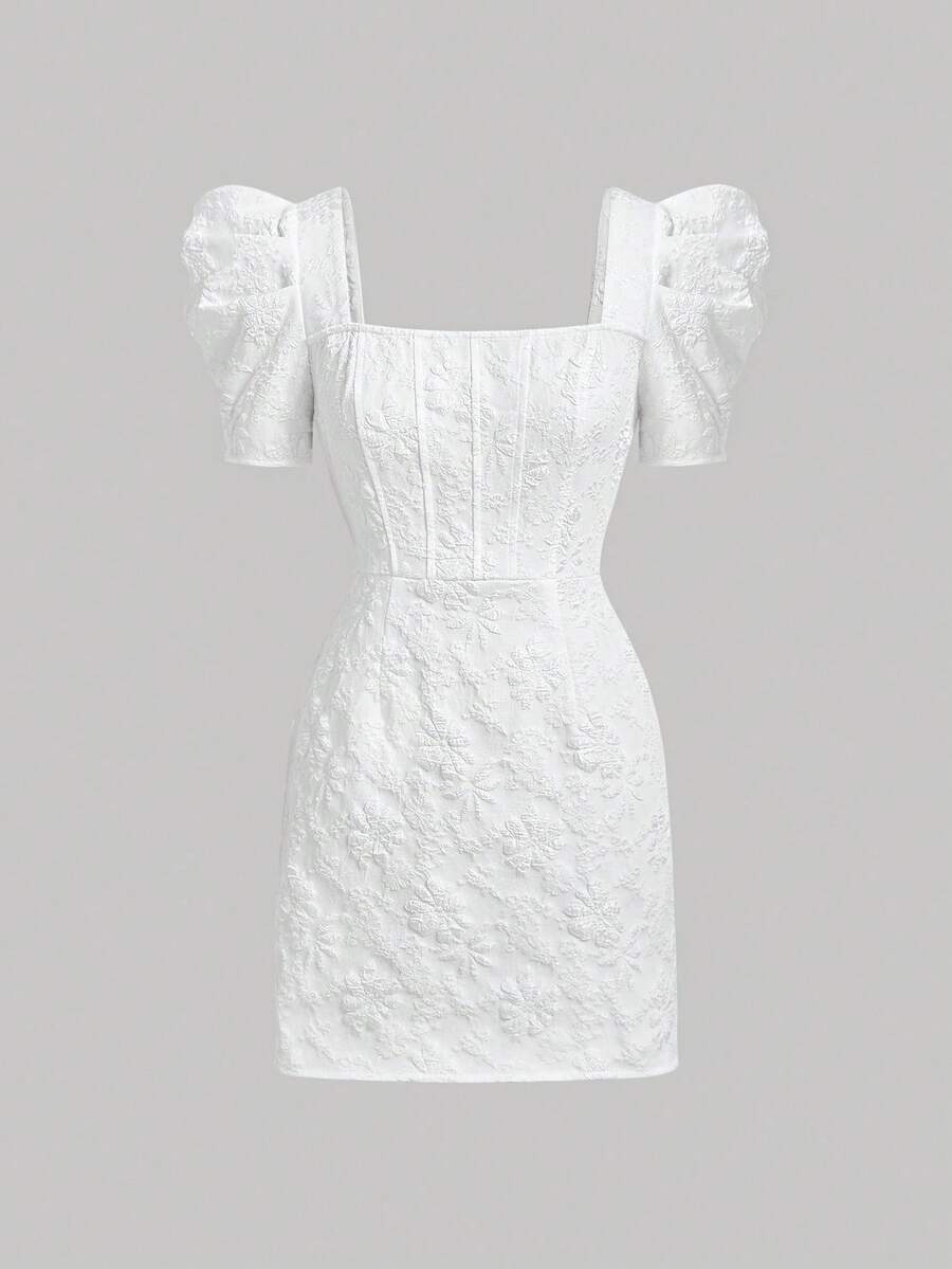 SHEIN MOD 提花方领泡泡袖束身连衣裙 - 白色 - 查看 1