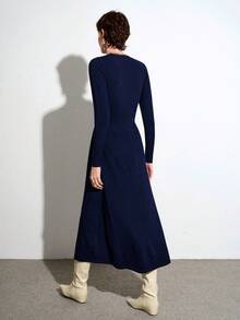 SHEIN Stylify V-Ausschnitt Knopf Taille anliegendes Strickkleid mit Langarm, eleganter französischer Stil für Herbst/Winter - marineblau - Übersicht 8
