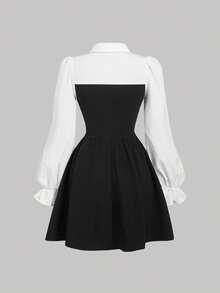 SHEIN MOD Váy dài tay bèo nhún viền buộc màu đen trắng cho nữ, Váy ngày lễ, Trang phục năm mới, Năm mới, Váy dự tiệc Valentine, Váy sơ mi tặng quà, Quần áo mùa đông cho nữ - Đen và trắng - Xem 2