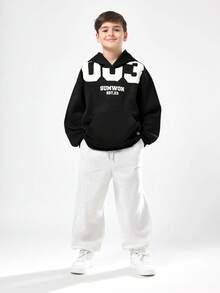 SUMWON Oversized Boys Pullover Hoodie With Large Number Print And Text Graphics Casual Comfort Sweatshirt For School Vacation - Black and White - View 4