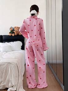 Eraneu Women's Heart Striped Ruffle Collar Single-Breasted Top And Pants Pajama Set, Winter Clothes - Pink - View 2