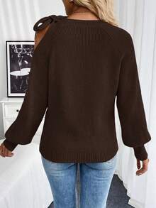SHEIN LUNE Fashionable Solid Color Off-Shoulder Tie-Up Sweater, Versatile For Autumn/Winter - Coffee Brown - View 2