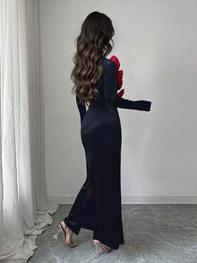 Rafferiza 女士秋冬圆领3D立体花卉丝绒修身收腰长裙，优雅适合假日、派对、圣诞晚宴 - 藏蓝色 - 查看 2