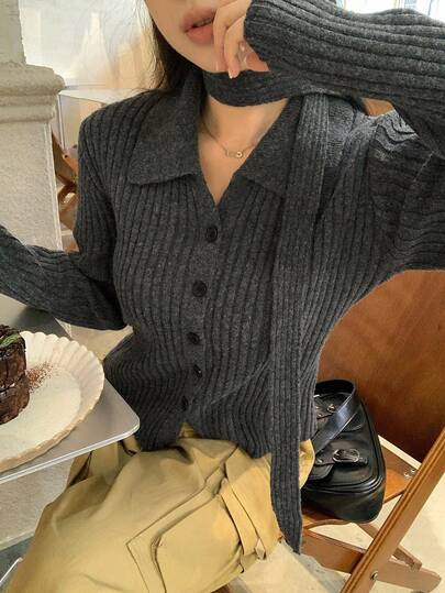 DAZY 여성용 단색 긴소매 싱글 브레스트 캐주얼 니트 가디건