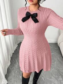 Elenzga Váy chữ A thắt nơ eo thời trang cỡ lớn, váy chui đầu dệt kim màu đỏ tía - Hồng - Xem 6