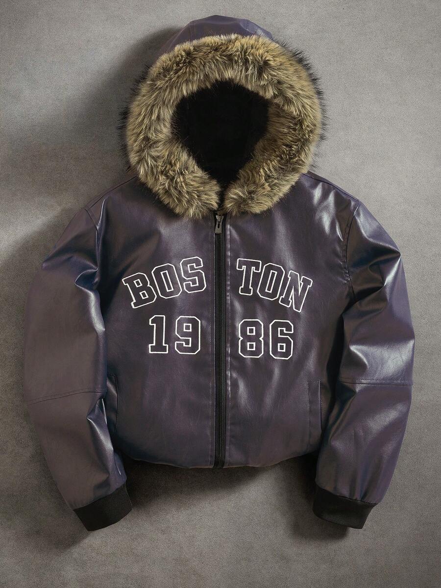 Manfinity Roghcode 男士 Y2K 哥特风 PU 连帽拉链夹克,绣有“Boston”和“1986”字样,人造毛领,秋冬街头时尚单品,Glowmode 出品,万圣节和开学季完美之选,送给男友的理想礼物 - 紫色 - 查看 1