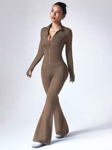 Dewbera Women's Casual Sports Zip-Up Long Sleeve Top & Flare Leg Pants Set - Khaki - View 5