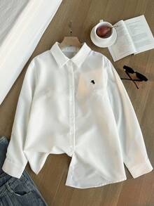 SHEIN EZwear 大码女式马术印花长袖单排扣白衬衫，春夏， - 白色 - 查看 5