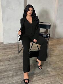SHEIN SXY Plus Size Women 3-Piece Set: Long Sleeve Blazer, Camisole, And Pants, Sexy Outfit For Commute And Date, Deep Blue Autumn Winter Clothes For Women - Black - View 5