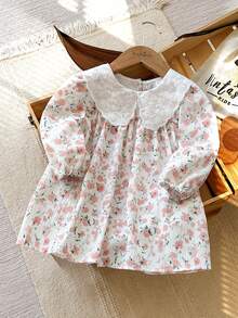 SHEIN Vintaside Kids Baby Girl Sweet Ditsy Floral Puff Sleeve Peter Pan Collar Dress, Autumn