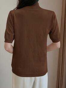 Women's Casual Solid Color Turtleneck Short Sleeve Knit Top, Autumn - Coffee Brown - View 2