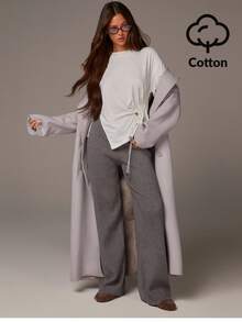 Athîral Women's Chic Summer Off-White Solid Color Casual Tie-Front Top,With Drawstring And Pleats,Classic Style Professional Everyday Basic T-Shirt - White - View 4