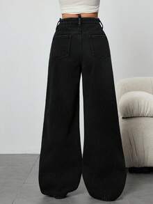 SHEIN ICON Quần jeans denim lưng thấp dáng chữ V lót nhiệt ấm áp cho nữ mùa đông - màu đen - Xem 2