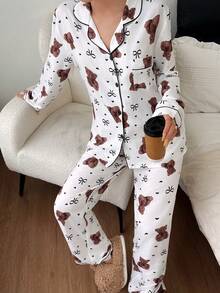 SHEIN 泡泡皱褶熊蝴蝶结印花长袖睡衣套装，女士泰迪熊睡衣套装，女士睡衣，熊印花睡衣，熊睡衣 - 白色 - 查看 4