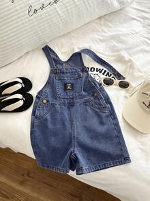 SHEIN Young BoyFitted Blue Denim Bib Shorts - Dark Wash - View 7