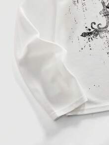 ROMWE MEN Street Life 男士圆领长袖荆棘印花T恤搭配抽绳腰阔腿裤休闲套装 - 黑與白 - 查看 6