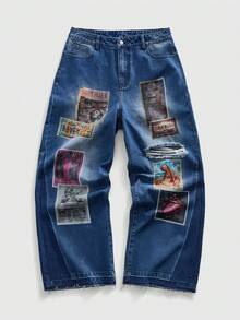 ROMWE MEN Street Life Men's Straight Leg Figure Print Distressed Wide Leg Jeans - Blue - View 1